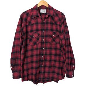 Gibson Flannel Shirt Mens L Tall Red Black Plaid Pearl Snap Country Western